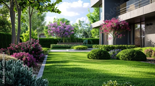 Front yard, landscape design With multicolored shrubs intersecting with bright green lawns Behind the house is a modern, garden care service, green grass with a beautiful yard for the background.