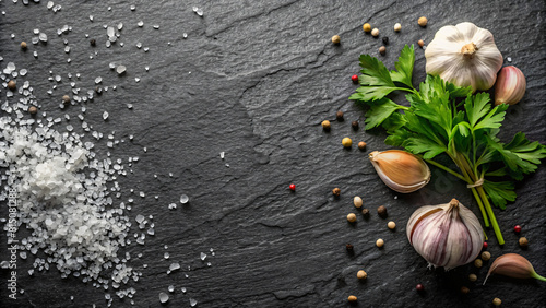  Culinary Background. Black texture with sea salt, garlic pepper and parsley on black background. Abstract food background. Blank space for text. Can be used for food posters, menu design.