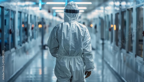 Cleanroom suits being worn in a semiconductor lab, front view, contamination prevention, technology tone, Triadic Color Scheme