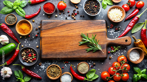 Culinary background with cutting board, spices, herbs and vegetables on black slate table. Top view. Blank space for text. Can be used for advertising and menu design, food posters 