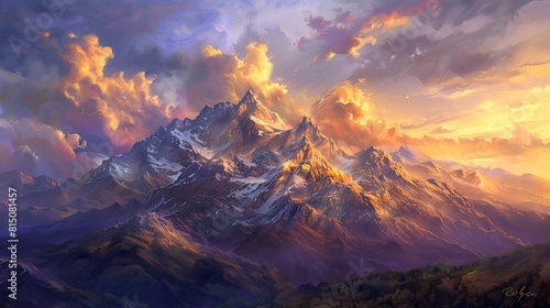A rugged mountain range bathed in the warm light of the setting sun, with dramatic clouds painting the sky in shades of orange and purple.