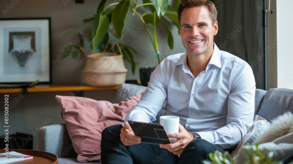 Smiling Man with Tablet at Home Smiling Man with Tablet at Home