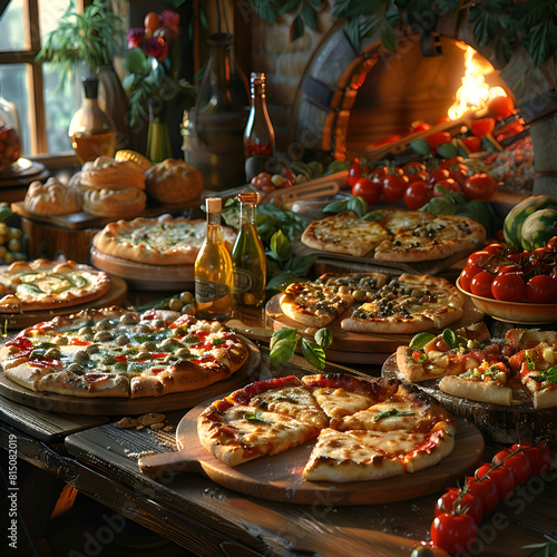 a table with various types of pizza
