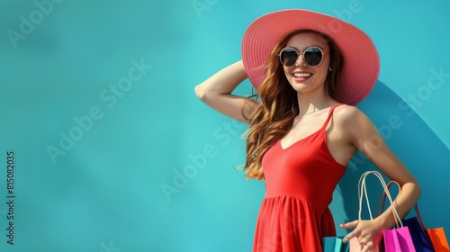 Woman in Red with Shopping Bags photo