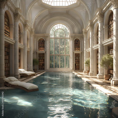 An indoor pool in an old library with sun rays shining through the windows, with a white marble and cream color palette, a high ceiling, in a luxury mansion 