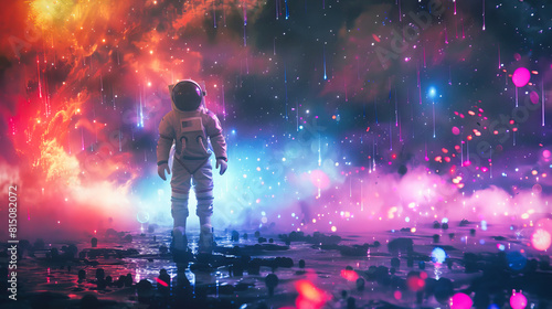 An astronaut standing on an alien planet  under a stunning colorful sky