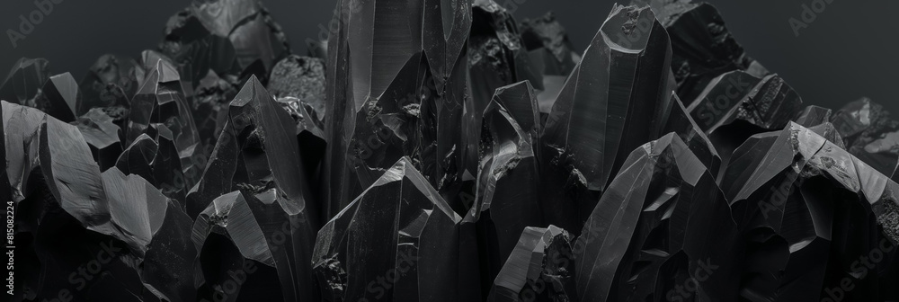 Dark, jagged crystal formations with a monochromatic tone, showcasing sharp edges and complex structures that create a stark, abstract, and naturally artistic landscape. Dark, jagged crystal formations with a monochromatic tone, showcasing sharp edges and complex structures that create a stark, abstract, and naturally artistic landscape.