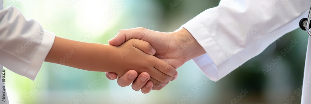 Two healthcare professionals engaging in a handshake in a clinical environment Two healthcare professionals engaging in a handshake in a clinical environment