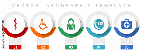 Healthcare icon set, miscellaneous vector icons such as cadyceus, first aid, doctor, emergency call and wheelchair, modern design infographic template, web buttons in 5 color options