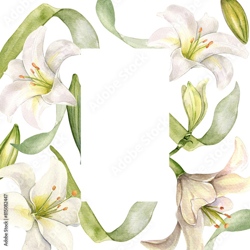 White lily and buds watercolor isolated on white. White flower and stem botanical Illustration hand drawn. Frame with lily and leaves. Design for wedding invitation in church, christen, Easter card photo