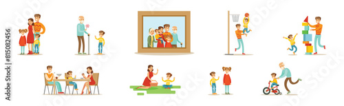 Parent with Kid Spending Happy Time Together Vector Set