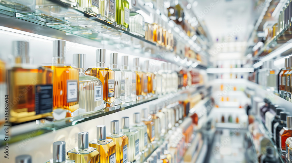 A perfume store with shelves filled with various scents and body care products A perfume store with shelves filled with various scents and body care products