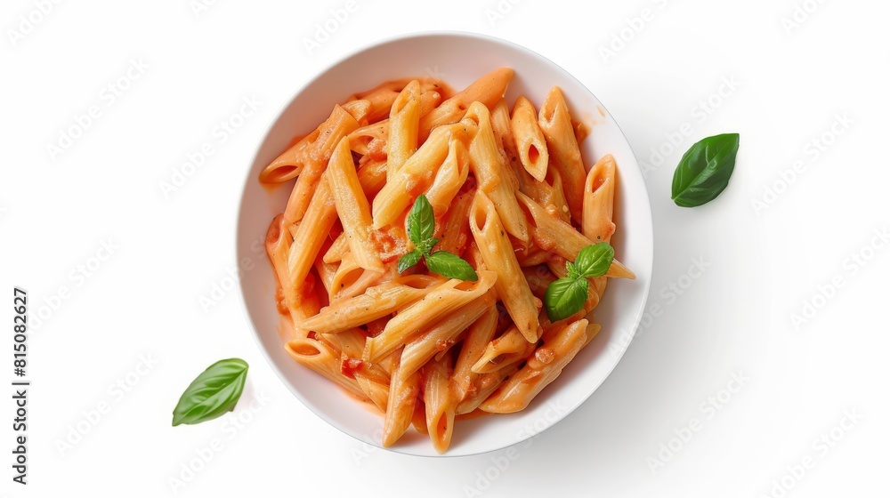 Penne alla Vodka pasta in a pink tomato cream sauce isolated on white background, italian food collection hyper realistic Penne alla Vodka pasta in a pink tomato cream sauce isolated on white background, italian food collection hyper realistic