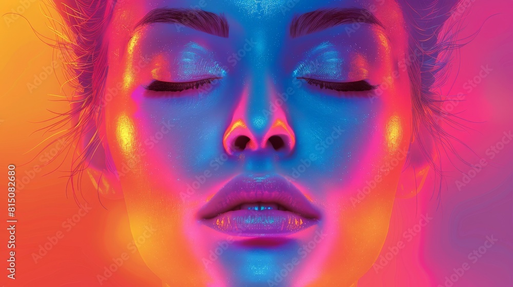 Womans Face in Neon Colors With Eyes Closed