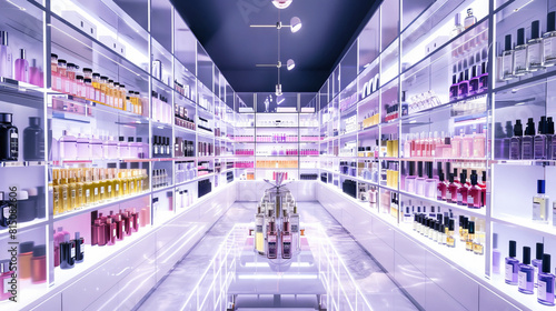 A perfume store with shelves filled with various scents and body care products