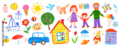 Felt pen hand drawn vector illustrations set of child drawings and doodles