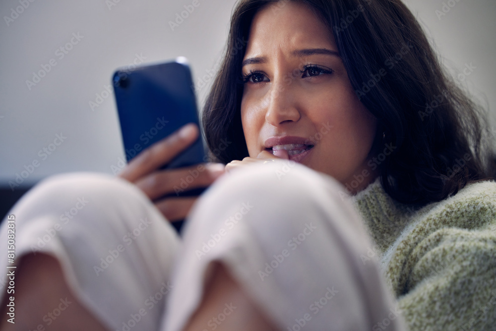 Φωτογραφία Woman, phone and depression or anxiety for cyberbullying, social media and internet in house