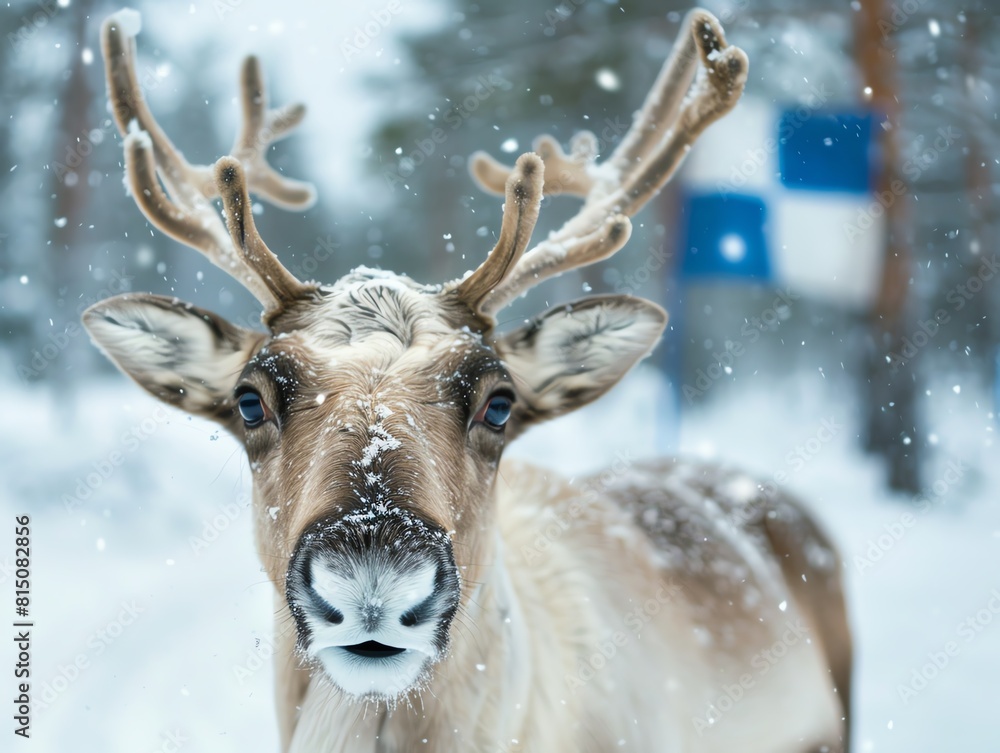 A portrait of a reindeer in Finnish Lapland with the Finnish flag in the snowy landscape A portrait of a reindeer in Finnish Lapland with the Finnish flag in the snowy landscape