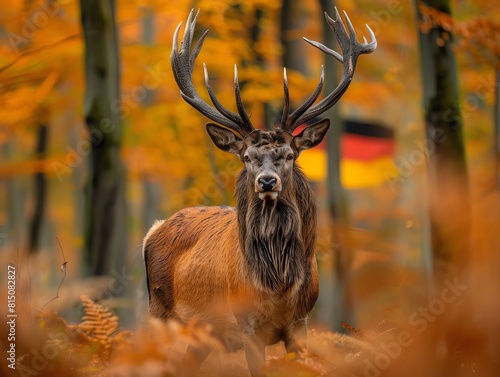 A portrait of a majestic stag in the German Black Forest with the German flag blending into the trees © StudioPix
