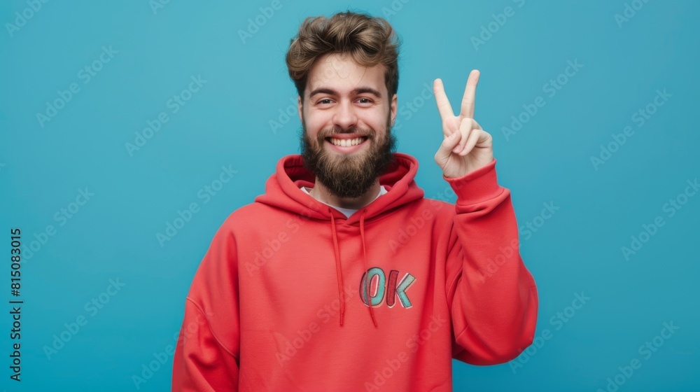 Man in Red Hoodie Peace Sign Man in Red Hoodie Peace Sign