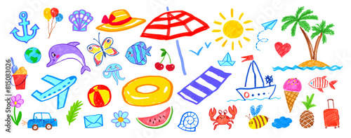 Summer vacation felt pen hand drawn vector illustrations set of child drawings and doodles