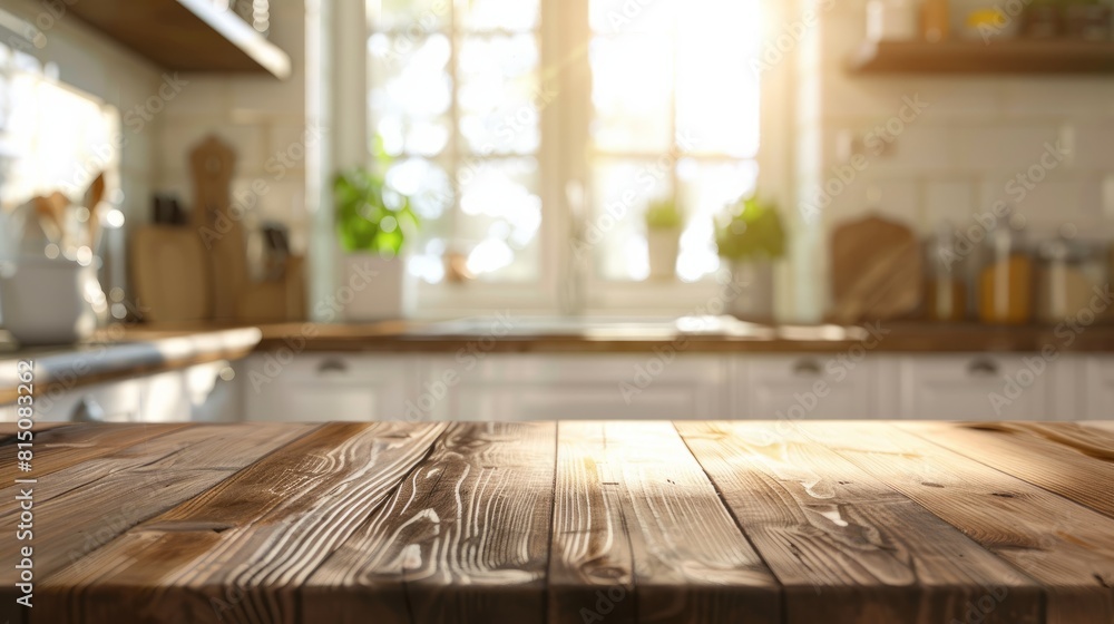 Wooden table on kitchen background for display or montage of your products Wooden table on kitchen background for display or montage of your products