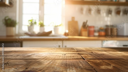 Wooden table on kitchen background for display or montage of your products