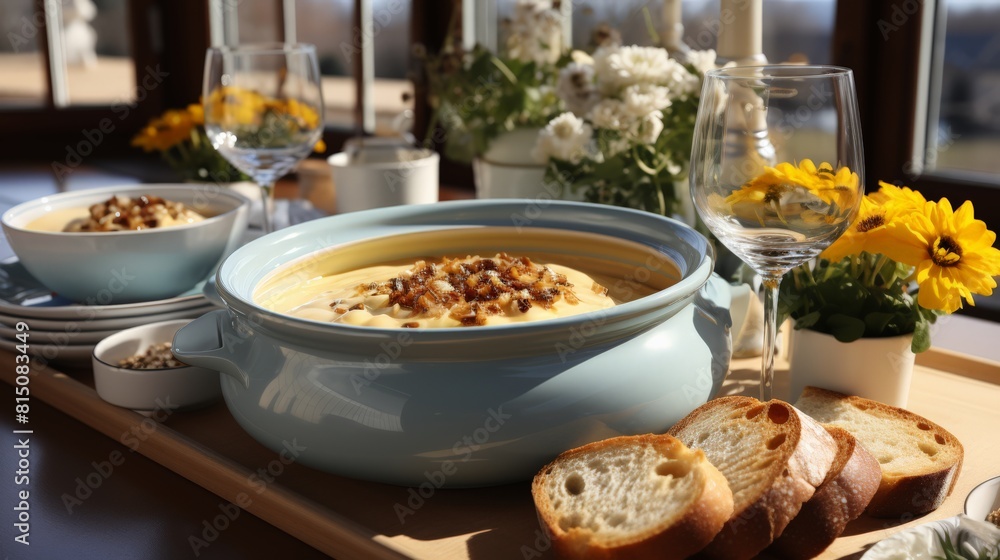 Cozy Dining Table Set with Creamy Soup and Bread Cozy Dining Table Set with Creamy Soup and Bread