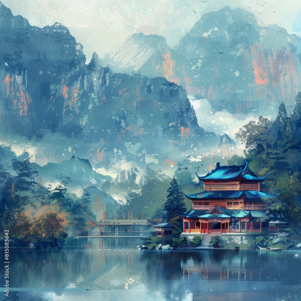 Temple at beautiful riverside mountain landscape traditional oriental painting style background. Generative AI technology. Job ID: 16e0adb0-aeed-4183-b82e-5ea78b301f90