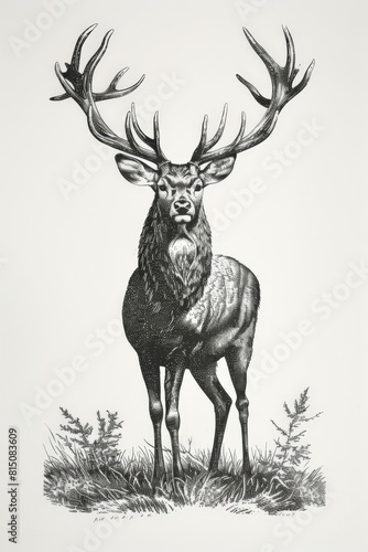 Folk Style Black and White Deer Drawing With Antlers