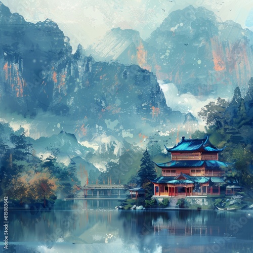 Temple at beautiful riverside mountain landscape traditional oriental painting style background. Generative AI technology. Job ID  16e0adb0-aeed-4183-b82e-5ea78b301f90