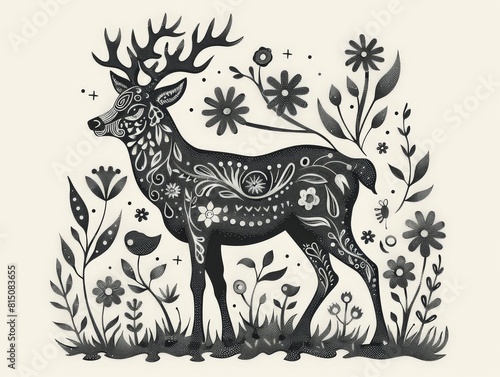 Deer With Flowers in Black and White Drawing