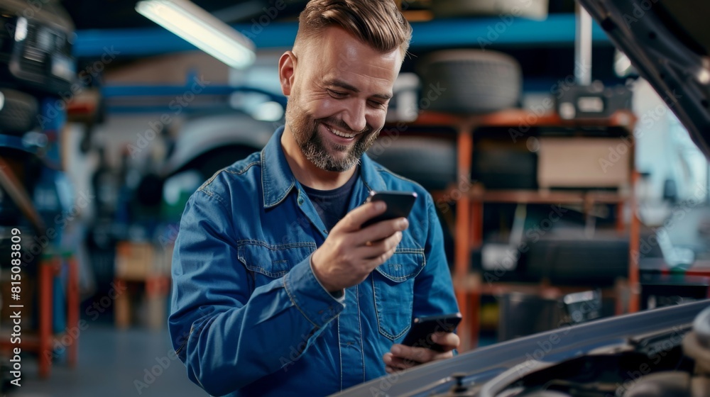 A Mechanic Checking His Phone A Mechanic Checking His Phone