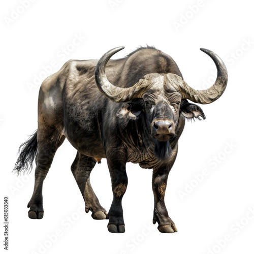 A large wildebeest stands on a Png background  a african buffalo isolated on transparent background