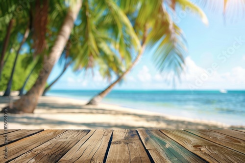 Empty wooden table top with blurred beach and palm trees background for product display presentation or montage of your products  summer vacation concept Generative AI