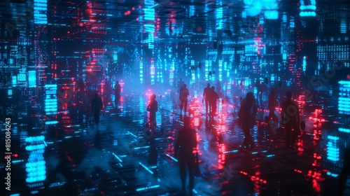 Visualization of blue and red hacker teams in a cyber security showdown, defending against network breaches, dark background, AI Generative hyper realistic  photo