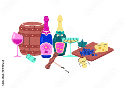 Elegant collection of wines and snacks in vector design on a white background
