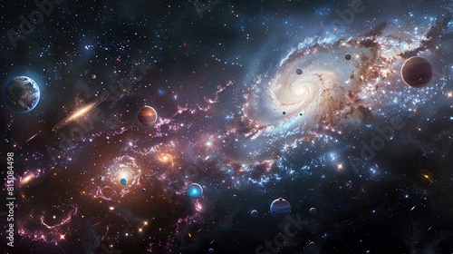 The image is showing a beautiful space scene with stars  planets and galaxies.