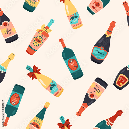 Seamless pattern with bottles of white red sparkling wine, champagne and prosecco, alcoholic beverage vector collection