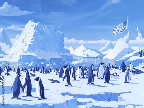 A whimsical depiction of a penguin colony in Antarctica with the Antarctic Treaty flag in the icy background