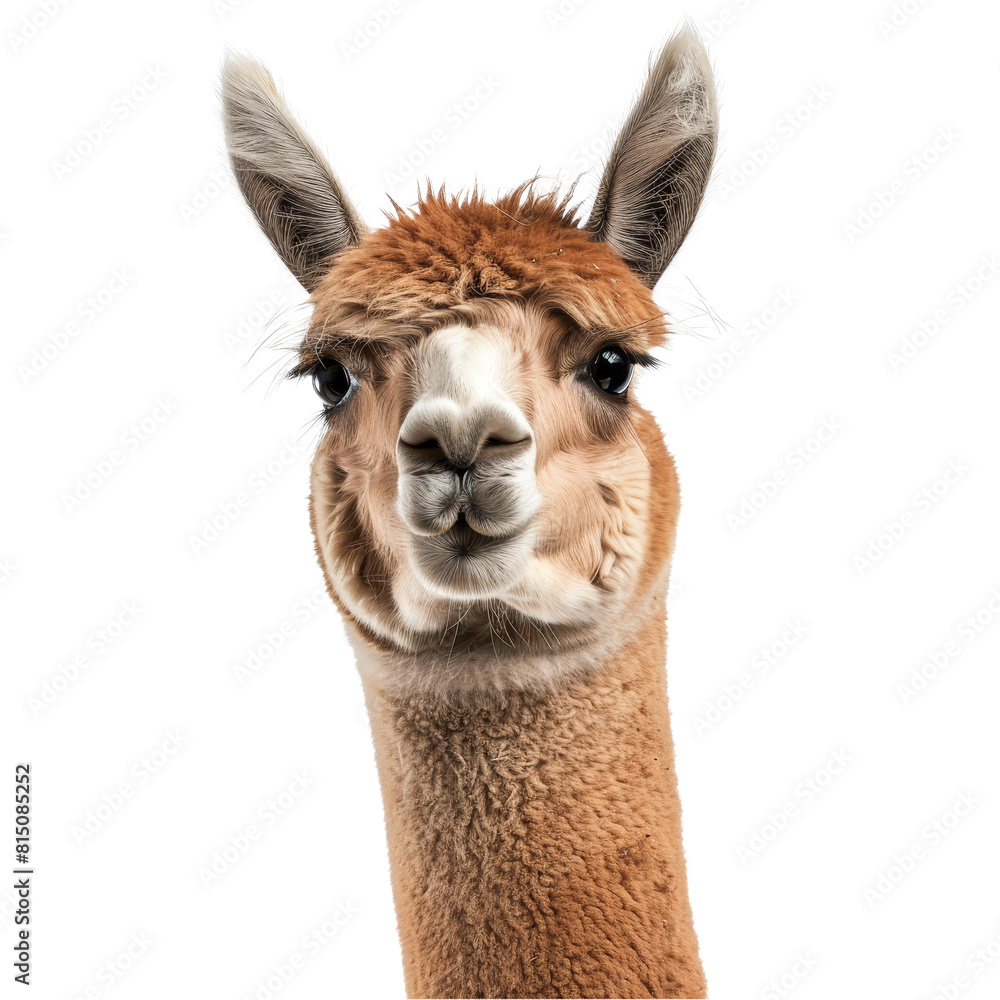 Fototapeta premium A llama standing in a neutral pose in front of a plain white backdrop, a Beaver Isolated on a whitePNG Background