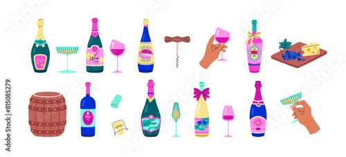 Bottles of wine, glass in hand, wooden barrel flat vector set, white red sparkling drinks, champagne, alcoholic beverage