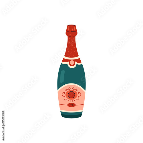 Vector illustration of a bottle of wine in an label in a flat style