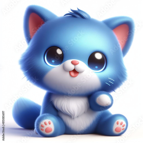 Cute furry blue cat 3D character on white background
