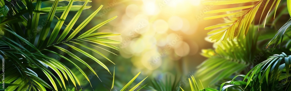 Obraz premium Sun Shines Through Leaves of Tropical Forest