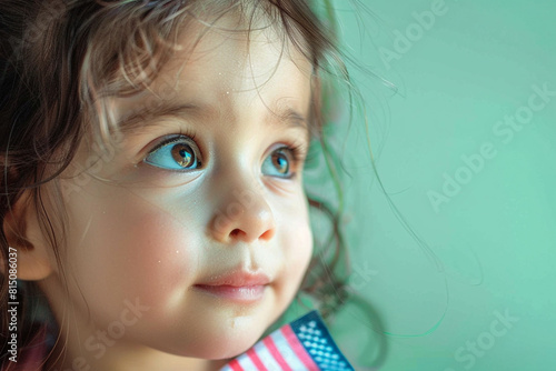 Little girl with USA flag on pastel green, intimate shot. photo