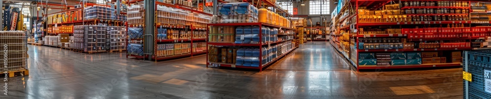 Interior of a large warehouse store with shelves stocked with goods and beverages