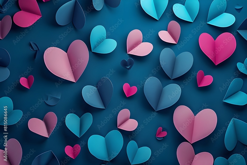 3D pink and blue hearts on dark blue background as wallpaper illustration,valentine hearts background


