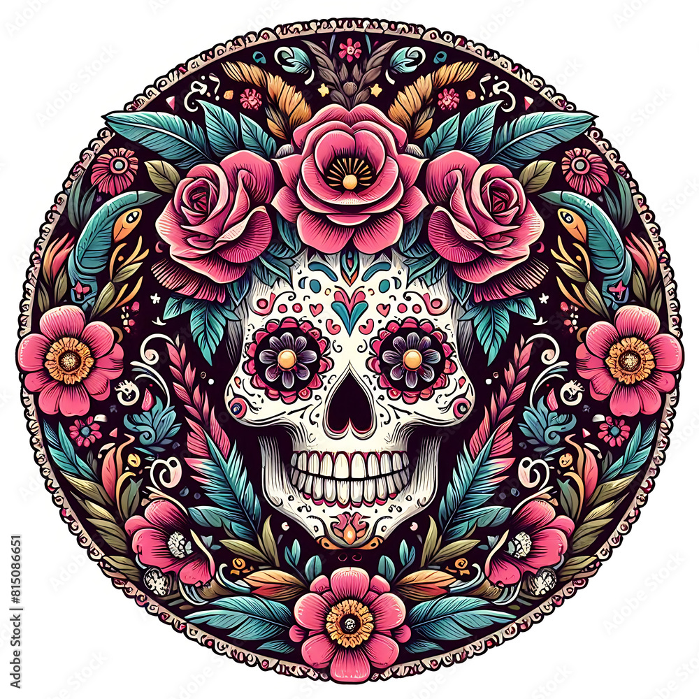 Round design with flower sugar skull