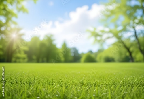 A lush green lawn with blurred trees and a bright blue sky in the background